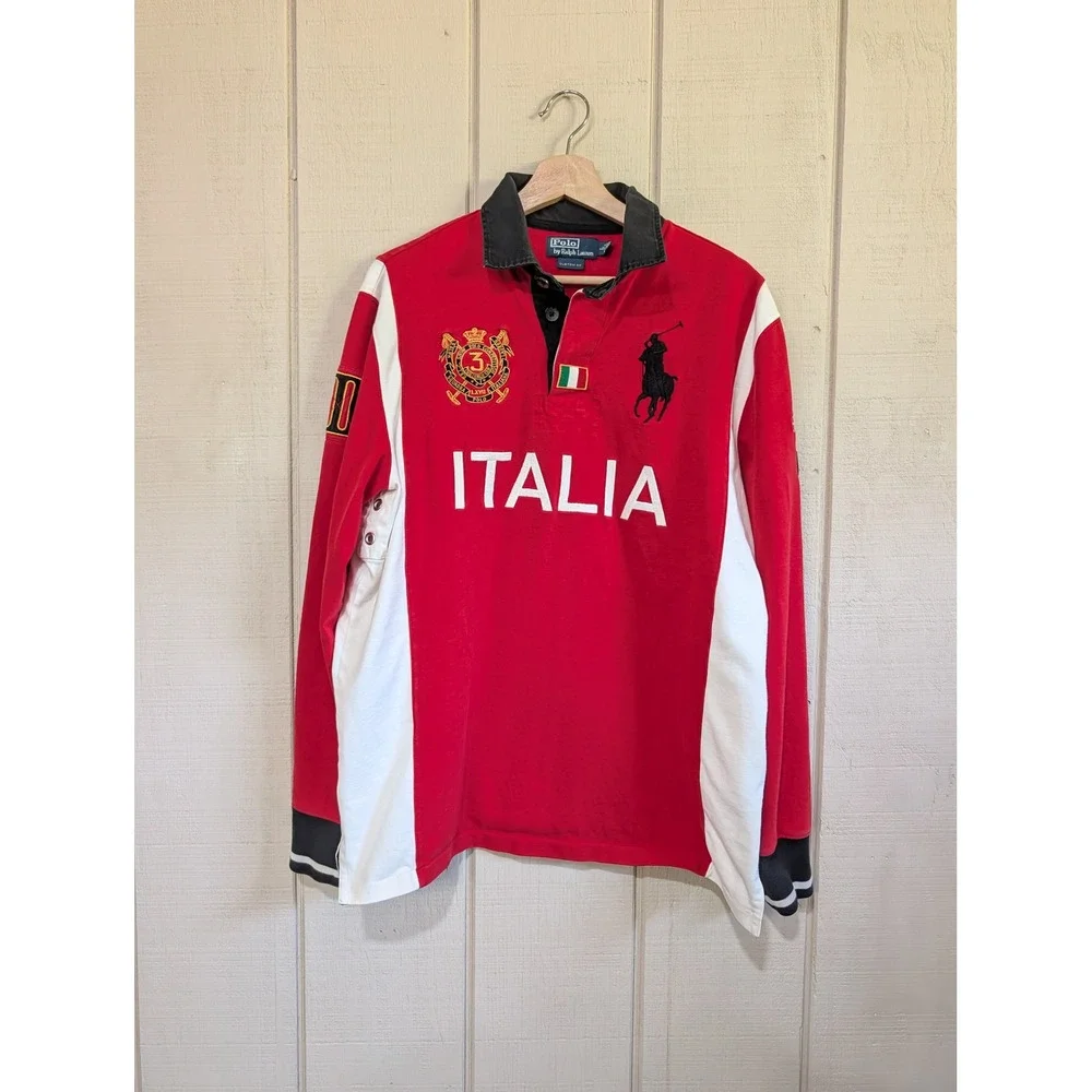 Polo Ralph Lauren Italia Rugby Shirt Red Big Pony Long Sleeve Custom Fit Large
